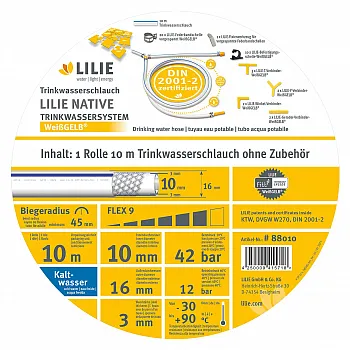 Trinkwasserschlauch WeißGelb kalt - 10x16 mm, Verkaufspackung 10 m Rolle