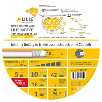 Trinkwasserschlauch WeißGELB warm, 10 x 16 mm, 5 m